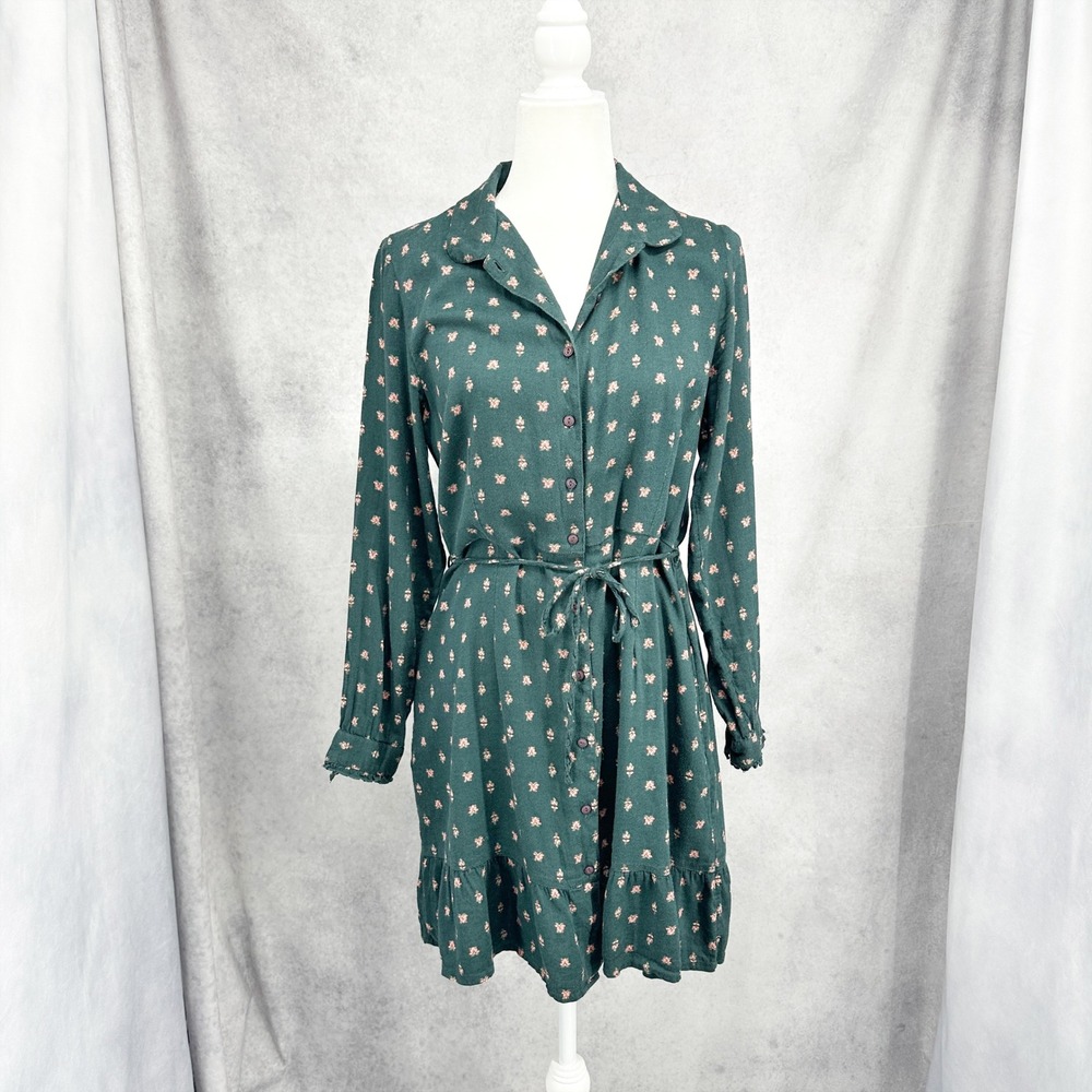FatFace Bottle Green Floral Button Down Indie Shirt Dress Women's US Size‎ 8